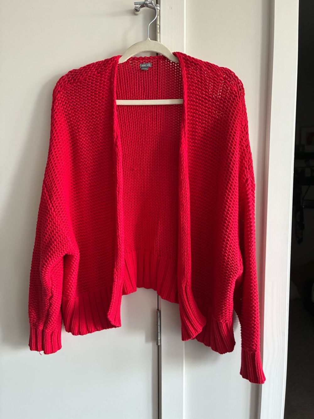 Red Open-Front Chunky Knit Aire Cardigan Sweater